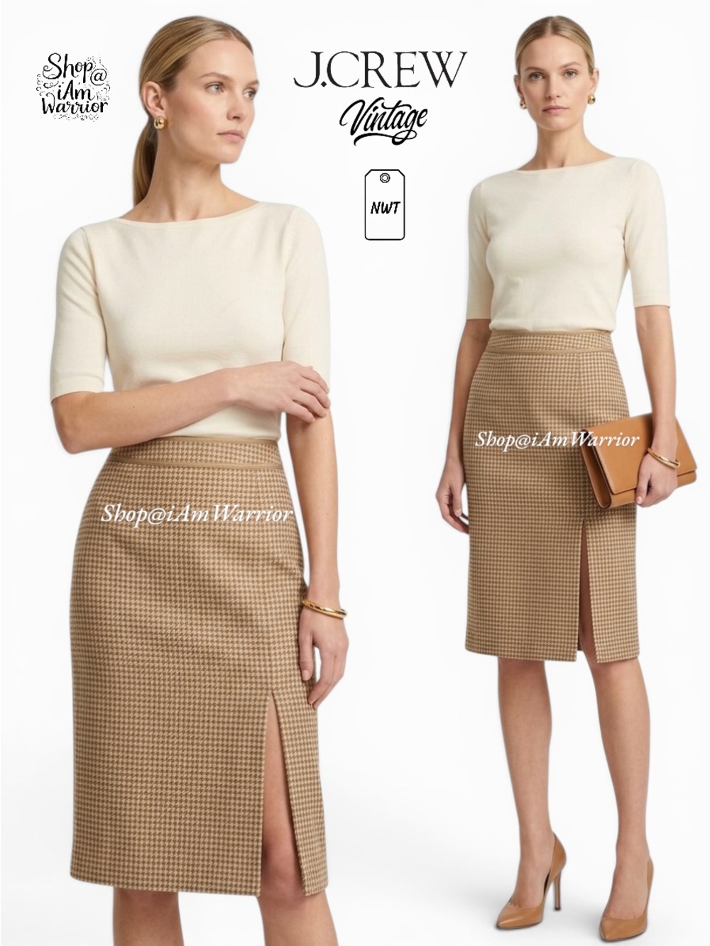 J.Crew NWT rare tan/ivory wool houndstooth pencil skirt *shop@iamwarrior